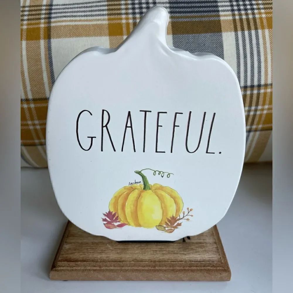 Rae Dunn Ivory Freestanding Grateful Metal Pumpkin Wood Base Sign NWT